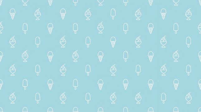 Seamless pattern of white line ice cream cones and popsicles on a light blue background, for summer themed, wrapping paper or textile