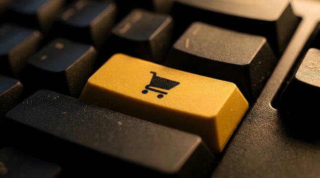 Close-up of a Yellow Online Shopping Cart Icon Key on a Computer Keyboard for E-commerce Business Concept