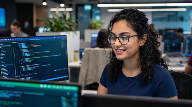 Smiling Female Software Engineer Coding on Dual Monitors in Modern Tech Office