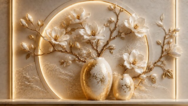 Stunning 3D relief art featuring white magnolia blossoms on branches emerging from oval ceramic vases adorned with shimmering gold leaf.