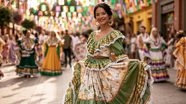 Vibrant editorial photo of a multicultural street festival with people in traditional costumes from different countries. Dancing, flags, and genuine emotions celebrate cultural diversity and unity