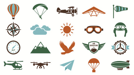 Set of aviation icons featuring air transport vehicles, hot air balloon, compass, and weather elements. © Dwi