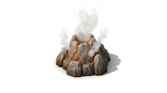 Miniature erupting volcano model with white smoke clouds