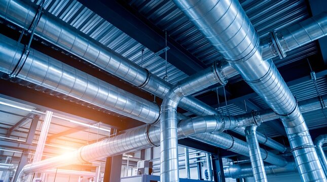Industrial ventilation system with large metal pipes and air ducts in a modern factory facility