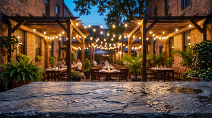 Fototapeta premium Slate tabletop in the foreground of an outdoor restaurant patio at dusk, illuminated by glowing string lights and brick building architecture