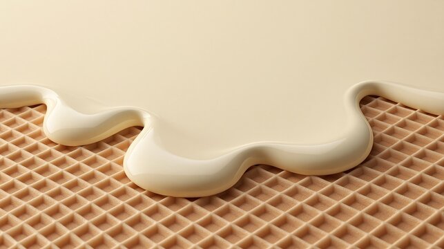Smooth glossy melted white cream spreading across waffle textured warm beige base creating minimalist empty background for product presentation and food concept