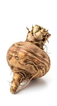 A single, whole, raw celeriac root vegetable with its gnarled skin and roots, isolated on a clean white background.