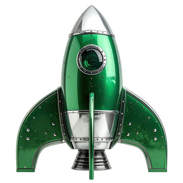 A futuristic green rocket ship with silver accents stands against a black background.