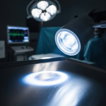 Bright surgical lamp illuminates examination table in a modern hospital operating room with medical equipment