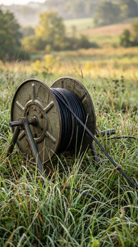 Large industrial wire cable spool reel resting on green grass field outdoors in summer