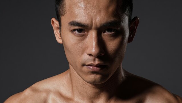Intense Expression of Asian Male Fitness Model with Strong Stance
