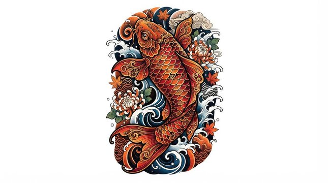 Vibrant koi fish tattoo design with waves and floral motifs in traditional Japanese style
