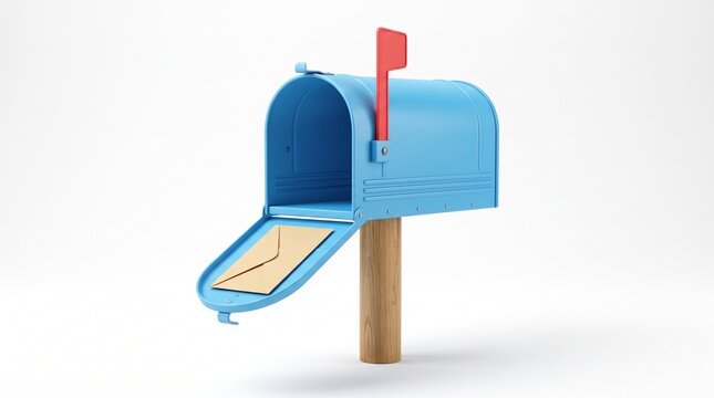 Vibrant blue mailbox with an open door, a single golden envelope inside, and a raised red flag. Classic postal service communication, mail delivery, and message sending concept.