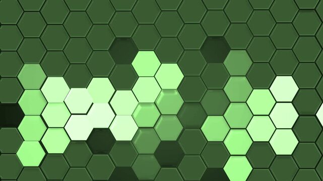 Monochrome hexagonal tile pattern background animation, hexagonal tile pattern with lighter hexagons forming abstract shapes against darker background