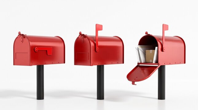 Three vibrant red mailboxes with black posts, a classic postal service symbol. One open mailbox reveals a letter, representing communication and delivery. A set of traditional mailboxes for