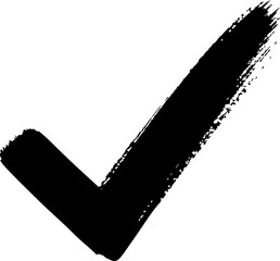 Black checkmark icon PNG representing approval, confirmation, success and correct selection with a bold hand painted brushstroke design, Isolated on Transparent Background © All