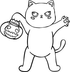 Fototapeta premium Halloween Black Cat Outline Holding Pumpkin Basket for Coloring and Crafts