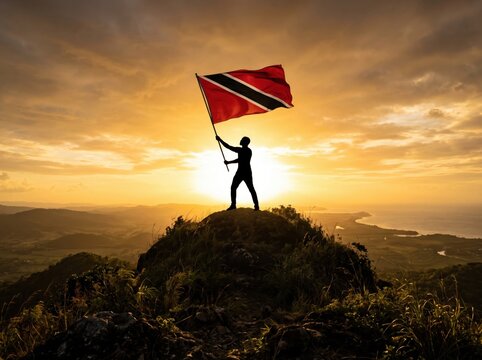 Silhouette of a person standing on a mountain peak holding a waving trinidad and tobago flag against a bright golden sunset sky with rolling hills and a distant coastline in the background