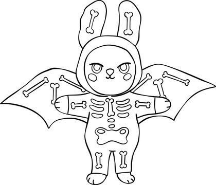 Halloween Skeleton Bunny Outline with Bat Wings for Coloring