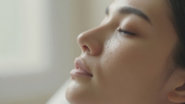 Close-Up of Relaxed Woman with Dewy Skin and Serene Expression