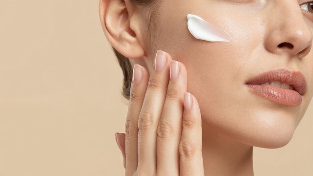 Woman Applying Moisturizing Cream on Face with Natural Glow