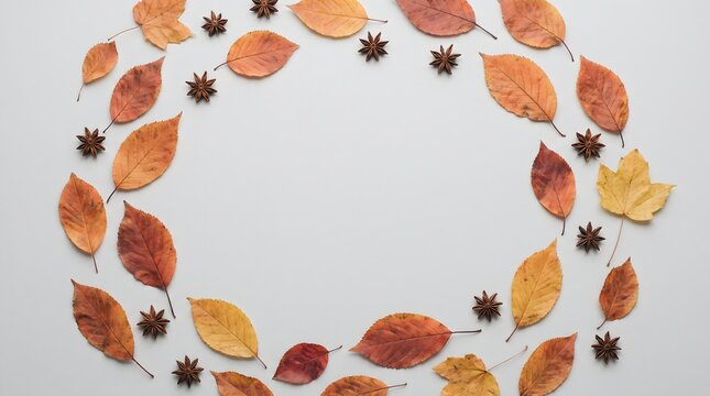 A circular frame made of colorful autumn leaves and small pine cones on a light grey background