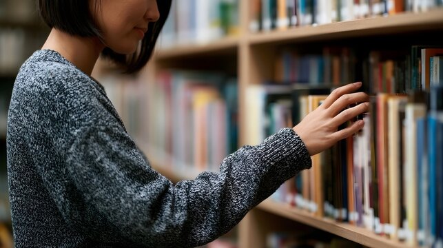 A person browsing books on a wooden shelf in a library or bookstore setting with focused attention