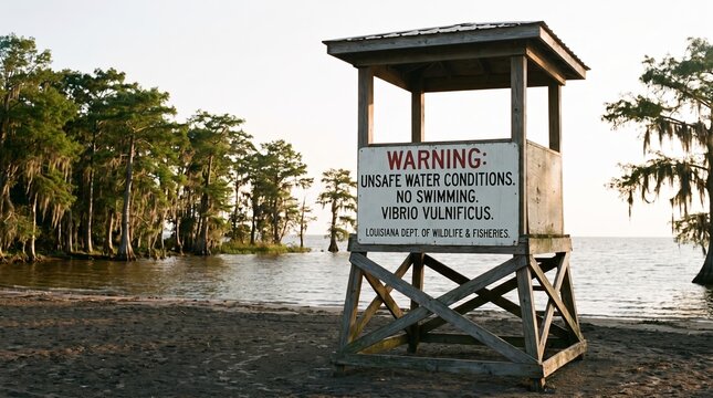 Beach lifeguard tower with warning sign for strong currents and dangerous swimming conditions