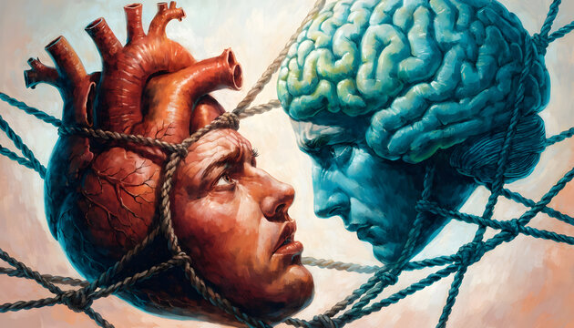 Internal conflict between heart and mind. Emotional balance and rational thinking concept. Human heart and brain faces bound by ropes looking at each other
