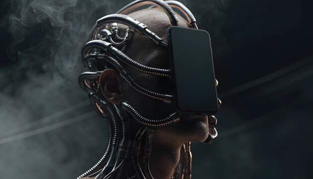 Mobile phone addiction and cyberpunk technology dependence. Digital enslavement and futuristic AI concept. Human head connected to smartphone via metal cables