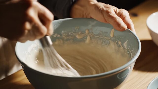 Close up whisking batter in blue ceramic bowl.
