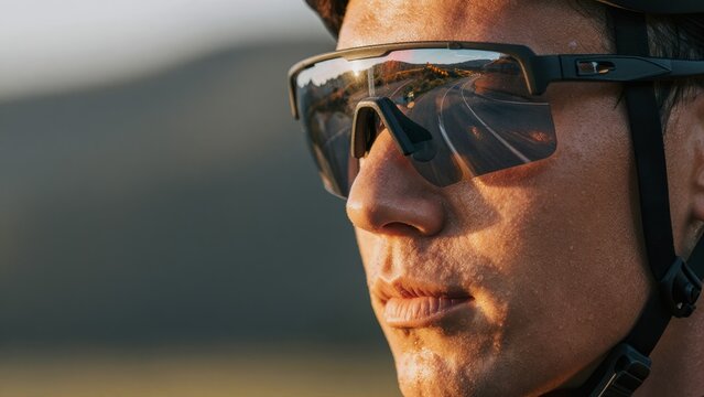 Close-Up of Cyclist in Sunglasses with Scenic Background Light