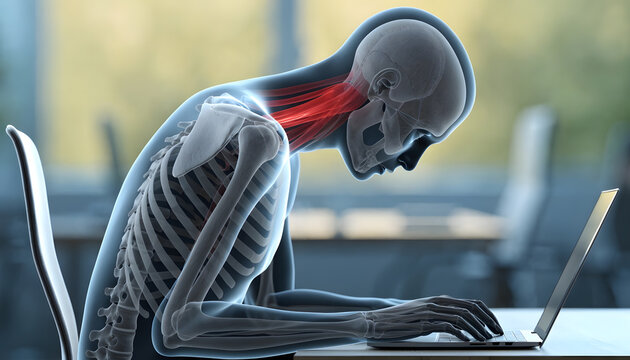 Slouched human skeleton experiencing neck muscle tension while working. Office health and poor posture risks. Anatomical figure typing on laptop computer with red pain highlight