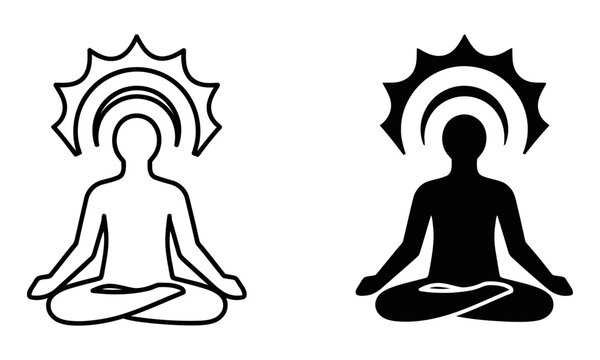 Meditating figure in lotus position with radiating energy aura in black and white
