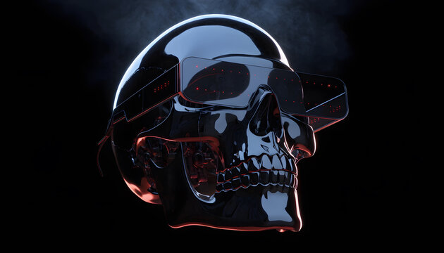 Metallic cybernetic skull wearing futuristic illuminated visor glasses. Artificial intelligence and virtual reality. Shiny chrome robot skull facing side on black background
