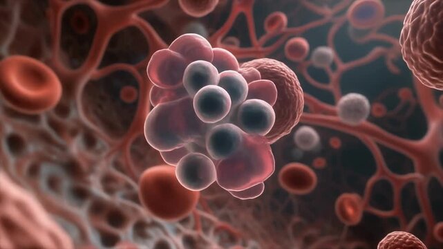 Microscopic view of red blood cells flowing through vessels