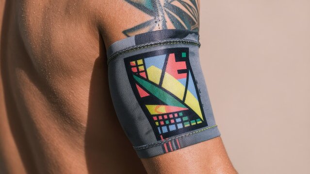 Colorful Abstract Tattoo Design on Upper Arm with Geometric Shapes