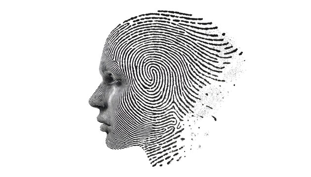 Human profile head formed by fingerprint ridge patterns dissolving into particles. Biometric identity and data privacy concept. Digital face displaying fingerprint scan graphics