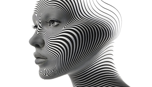 Abstract 3D head profile created from black and white wave lines. Artificial intelligence profile and optical illusion art concept. Digital human face formed by geometric contour lines
