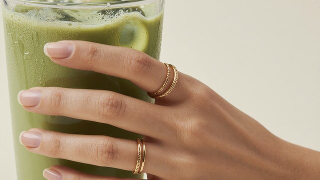 Hand with Rings Holding Green Smoothie in Stylish Setting