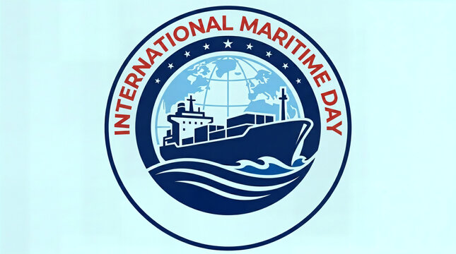 International maritime day emblem featuring a cargo ship silhouette and a globe