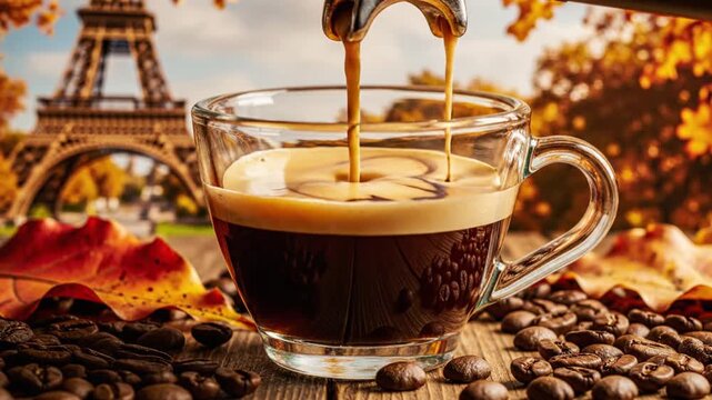 Fresh Espresso Pouring into Glass Cup Coffee Beans Eiffel Tower Background