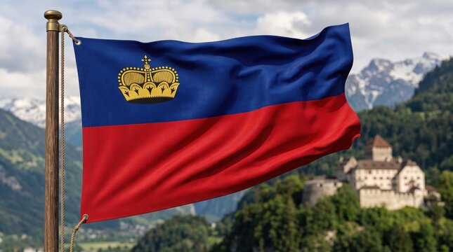 The national flag of liechtenstein with a gold crown symbol waving on a wooden flagpole against a backdrop of a mountain landscape and a historic stone castle in the distance