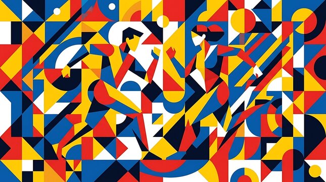 Abstract geometric figures of man and woman running in primary colors