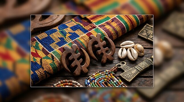 Traditional west african cultural artifacts and kente cloth