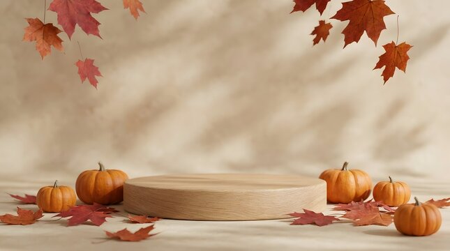 Empty wooden product display podium surrounded by mini pumpkins and autumn leaves for a happy halloween celebration background
