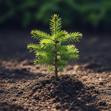 A small, vibrant spruce sapling emerges from rich soil, showcasing new growth in a natural forest setting.