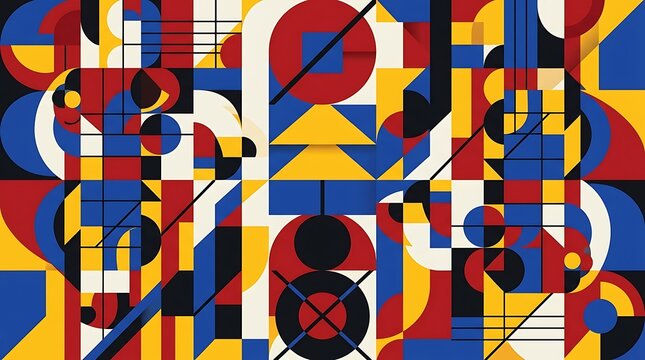 Abstract geometric composition with colorful shapes and patterns