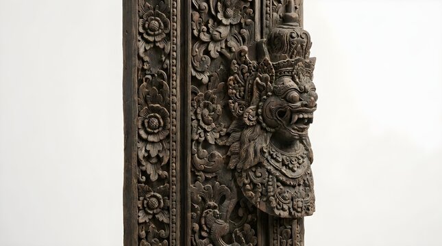 Intricate traditional Balinese wood carving of a temple guardian door representing Indonesian heritage