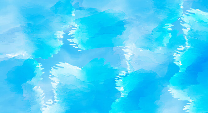 Abstract blue watercolor background featuring layered aqua, cyan, turquoise, and light blue paint washes with expressive artistic brush strokes.